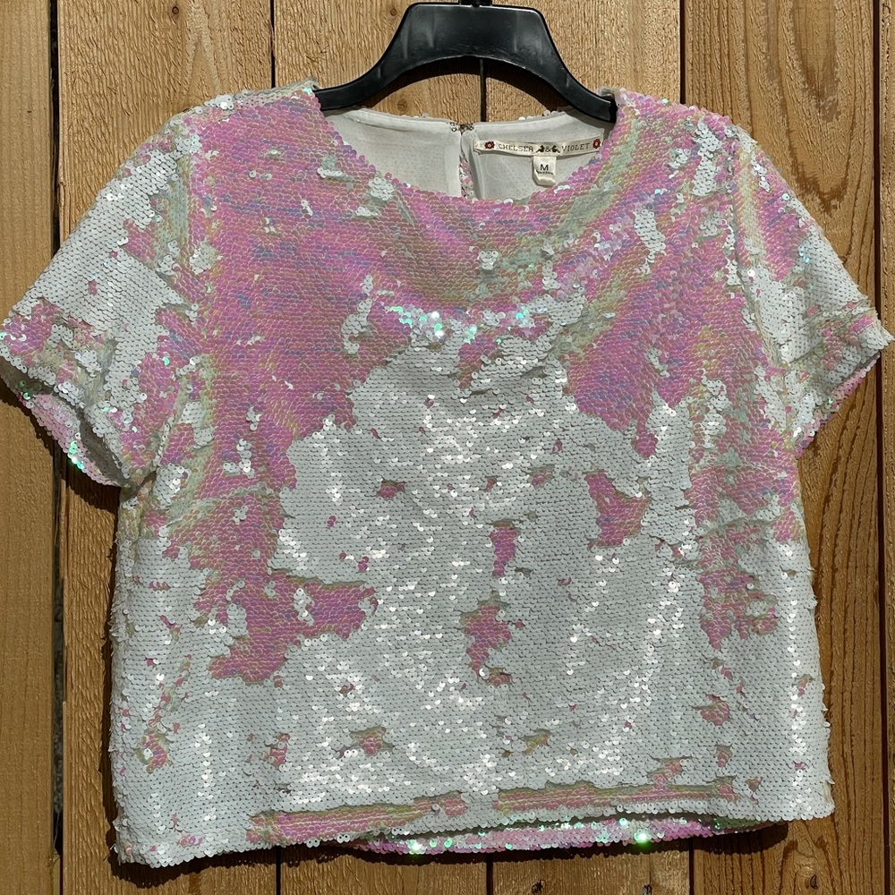 Chelsea + Violet white/pink sequin crop top